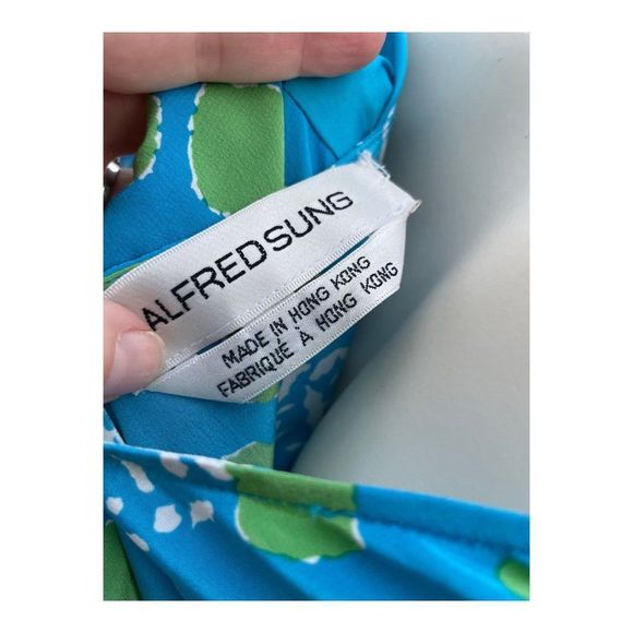 Alfred Sung Vintage 90s 100% Silk 3 Piece Dress Suit Turquoise Green Abstract - Picture 7 of 16